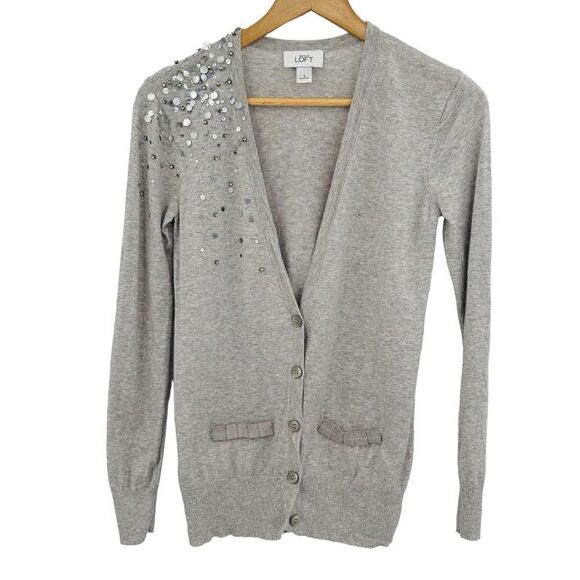Loft gray jewel and sequin detailed v-neck cardigan size small - Picture 1 of 6
